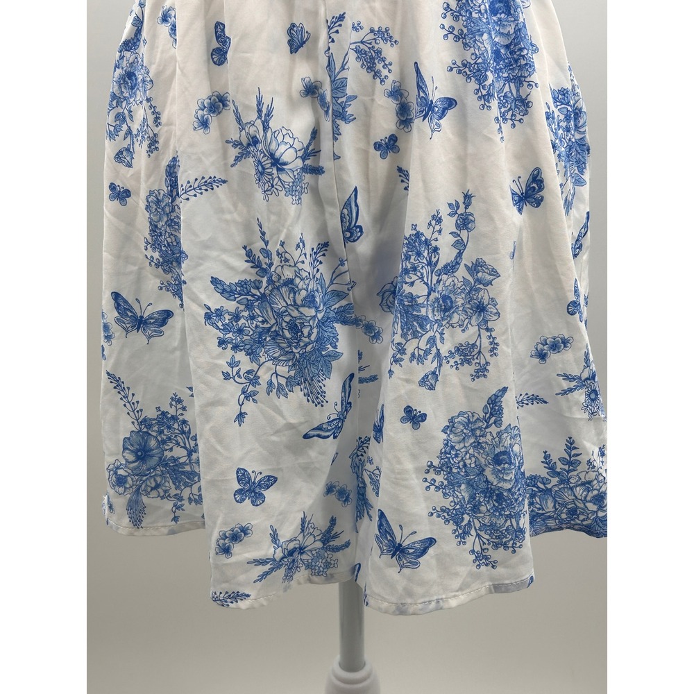 Womens Blue White Floral Cutout Mini Dress Puff Sleeve Cottagecore Boho Dress - Picture 8 of 14